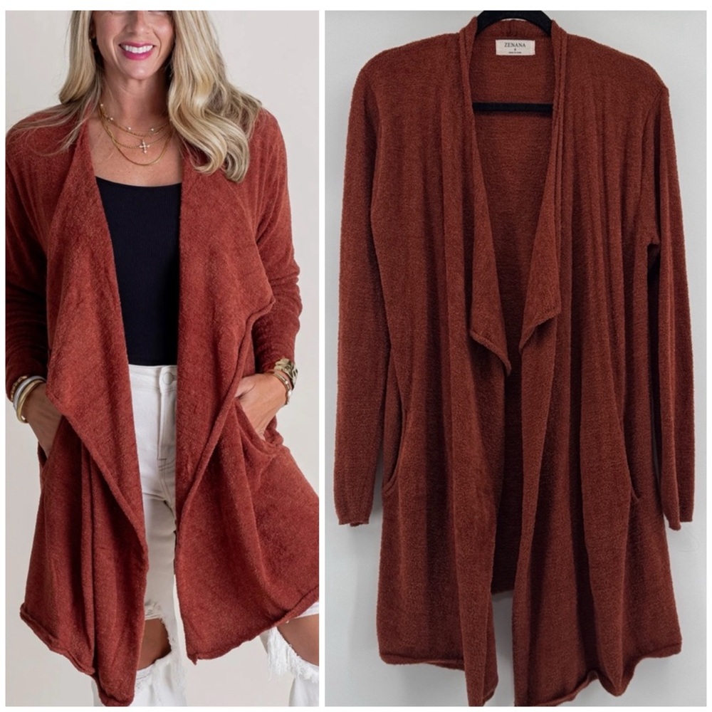 ZENANA TRENDY DRAPED SOFT CARDIGAN Rust Women's Sz S for ON THE GO MORNINGS!